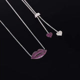 925 Silver Pink Lip Pendant Necklace Double Heart Tail Chain
