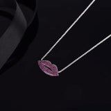 925 Silver Pink Lip Pendant Necklace Double Heart Tail Chain