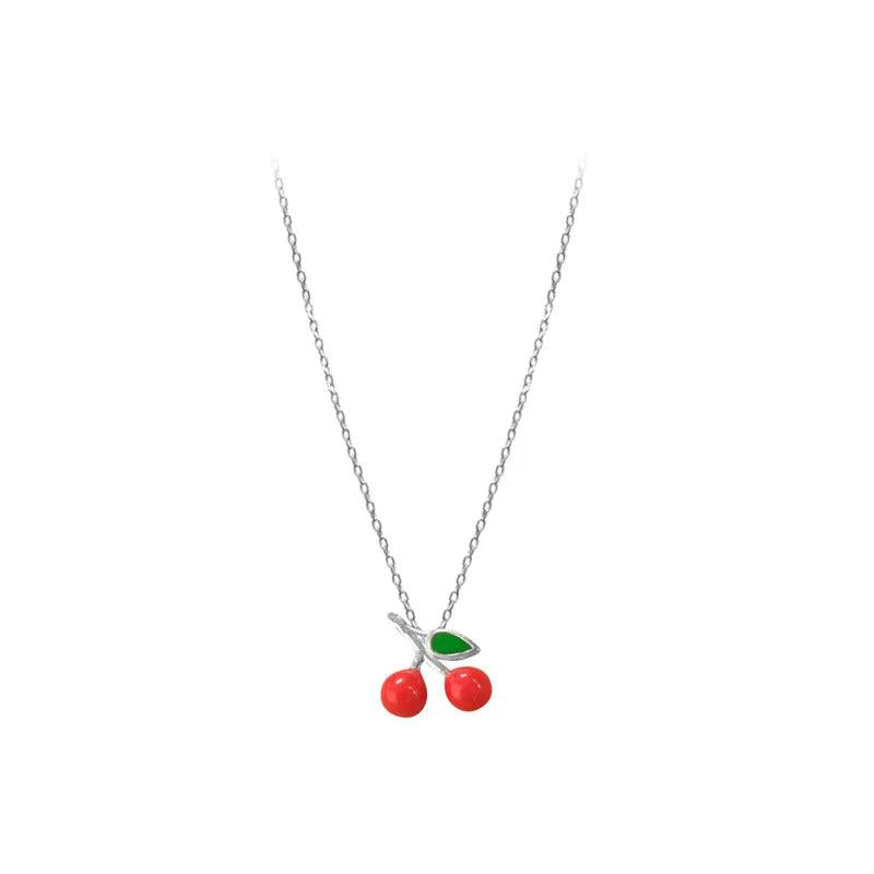 Sweet Red Cherry Pendant S925 Silver Necklace for Female Birthday