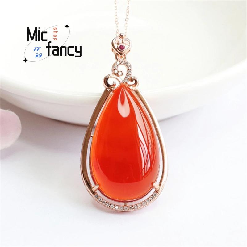 S925 Silver Red Agate Water Drop Zircon Necklace