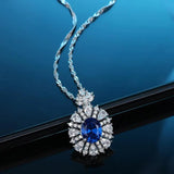 S925 Silver Necklace Oval Sapphire Pendant Diamond Collarbone Chain