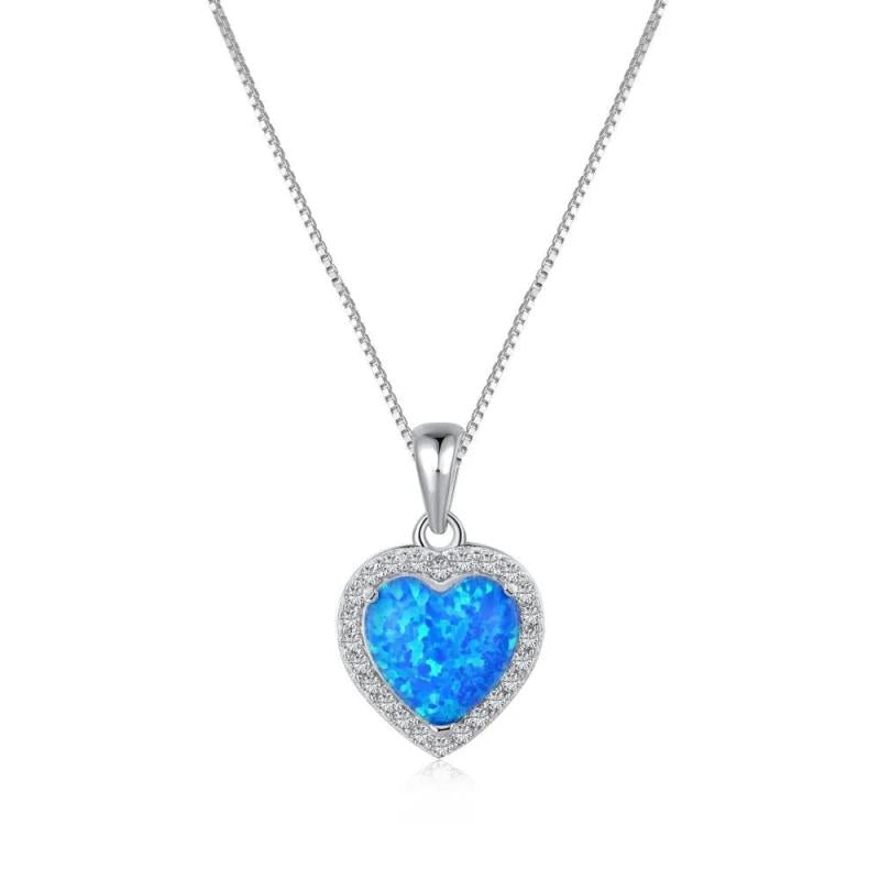 ZFSILVER S925 Silver Diamond-set Opal Sweet Heart Necklace