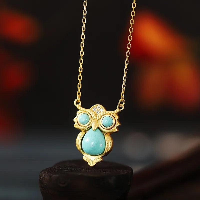 ZFSILVER S925 Sterling Silver Turquoise Owl Necklace