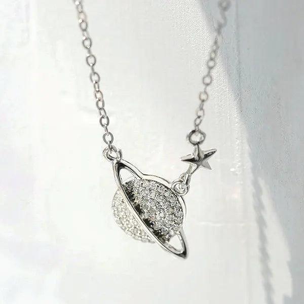 S925 Sterling Silver Planet Necklace with Star Clavicle Chain