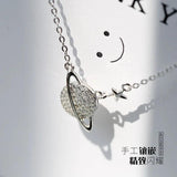 S925 Sterling Silver Planet Necklace with Star Clavicle Chain