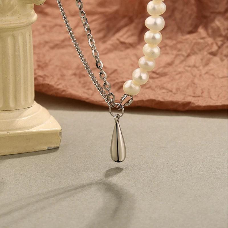 925 Silver Stitching Clavicle Necklace with Freshwater Pearl Vintage Design