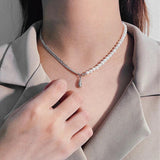 925 Silver Stitching Clavicle Necklace with Freshwater Pearl Vintage Design