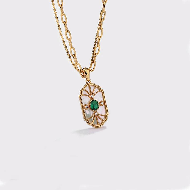 S925 Silver Retro Shell Double Layer Green Zircon Necklace