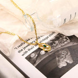 S925 Silver Retro Shell Double Layer Green Zircon Necklace