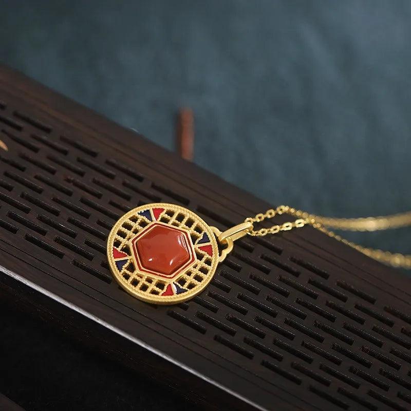 925 Silver Red Agate Hexagonal Diamond Necklace