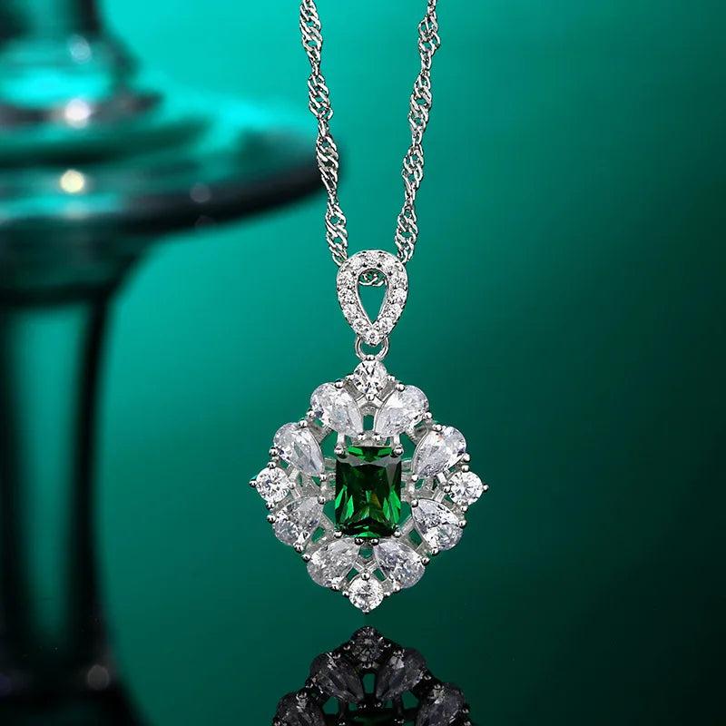 Sterling Silver Square Emerald Diamond Necklace Pendant