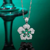 S925 Silver Emerald Crystal Petal Leaf Pendant Necklace
