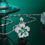 S925 Silver Emerald Crystal Petal Leaf Pendant Necklace
