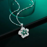 S925 Silver Emerald Crystal Petal Leaf Pendant Necklace