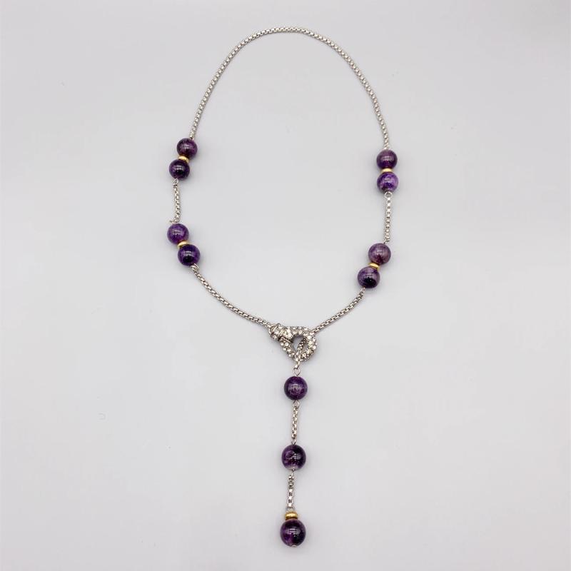 10mm Purple Amethyst Necklace Box Chain Magnetic Clasp Silver Tone