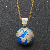 Hip Hop Earth Pendant Silver Charm Chain Jewelry Rhinestone Necklace