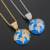 Hip Hop Earth Pendant Silver Charm Chain Jewelry Rhinestone Necklace