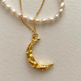 925 Silver Vintage Pleated Ripple Moon Necklace Pendant