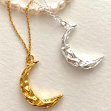 925 Silver Vintage Pleated Ripple Moon Necklace Pendant