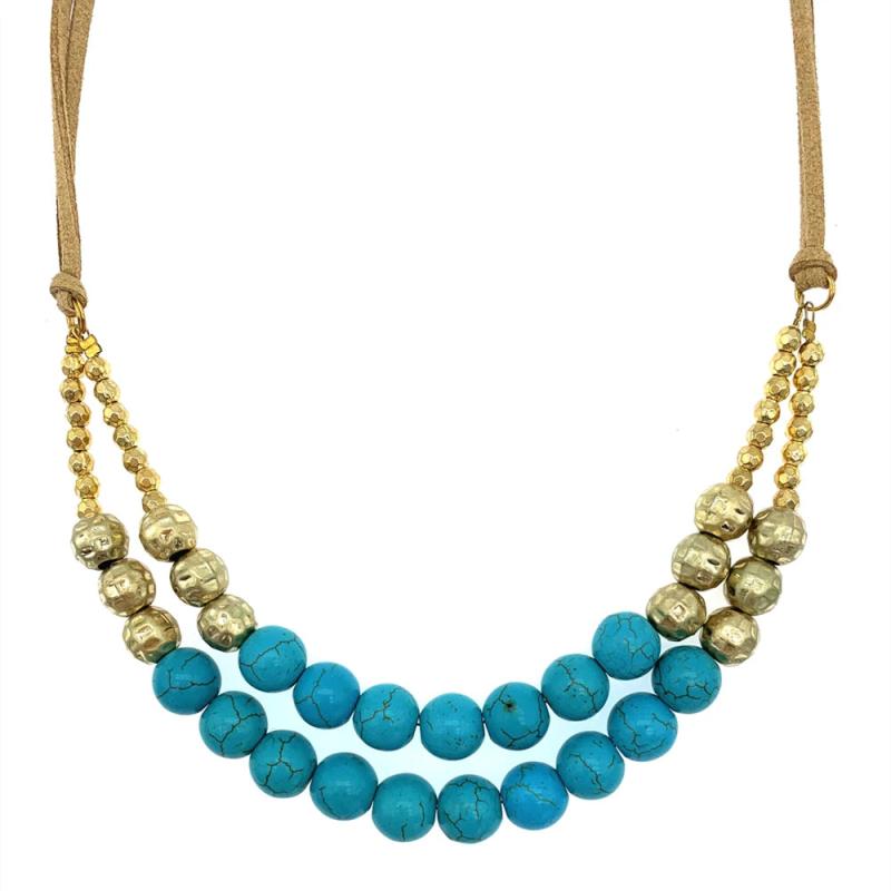 Turquoise Necklace with Hammered Beads 18 Inch