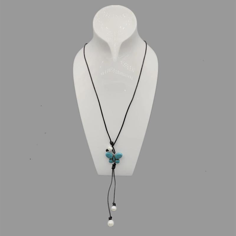 10-11mm Pearls Butterfly Turquoise Leather Necklace For Women Jewelry