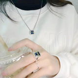 925 Silver Aquamarine Zircon Chain Necklace & Index Finger Ring Set