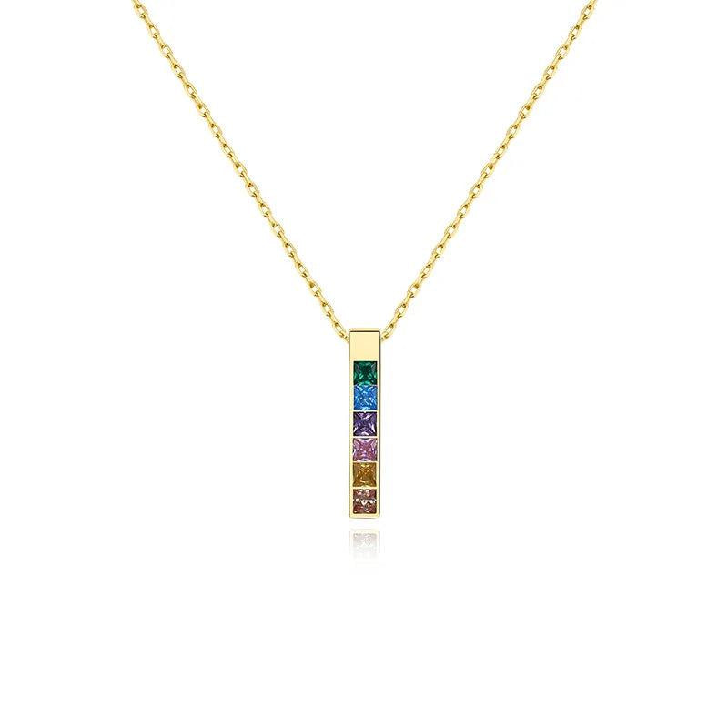 Rainbow Zircon Charm Block Pendant 925 Silver Necklace