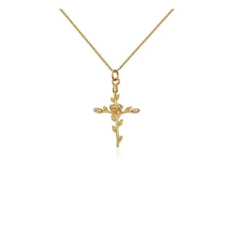 925 Sterling Silver Cross Rose Pendant Necklace