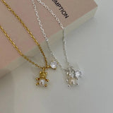 925 Sterling Silver Zircon Bears Pearl Pendant Necklace