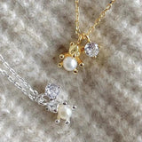 925 Sterling Silver Zircon Bears Pearl Pendant Necklace