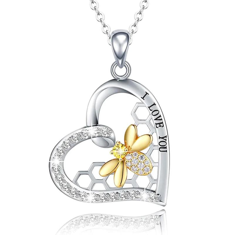 925 Silver Heart 18K Plated Bee Necklace CZ Beehive Pendant Chain for Women