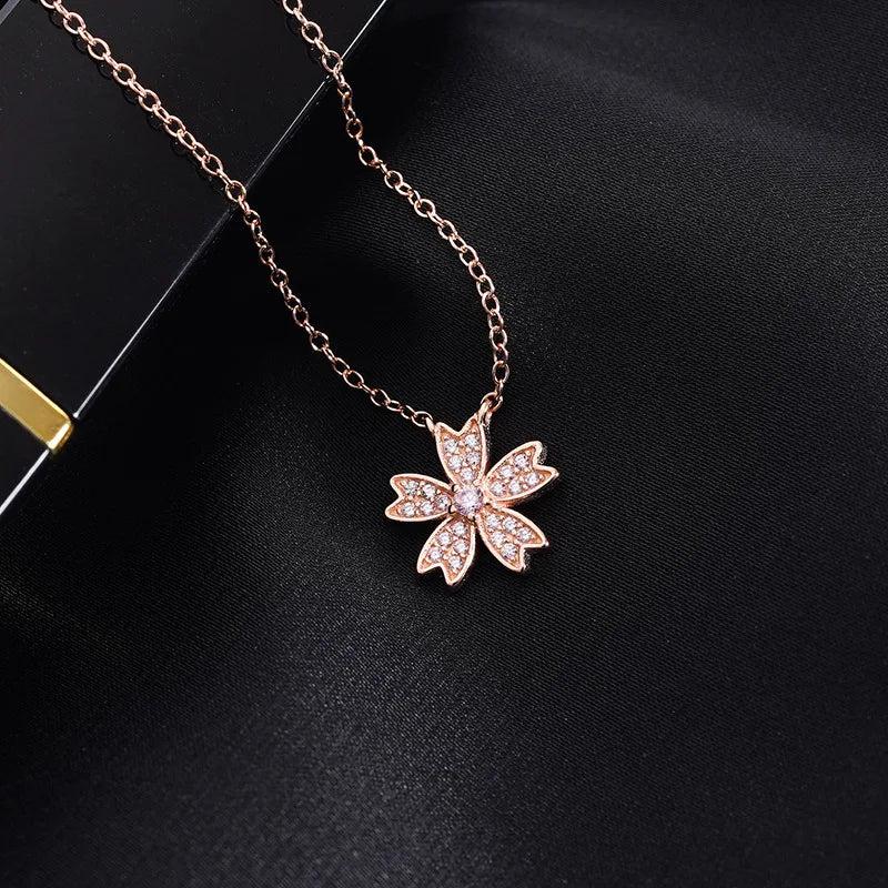 925 Silver Cherry Blossoms Charm Necklace Crystal Women Sakura Pendant Choker