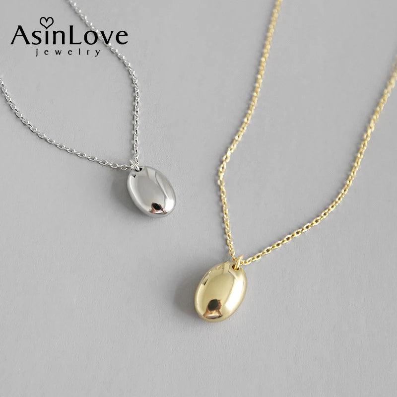 18K Smooth Elliptical Pendant Necklace Real 925 Sterling Silver