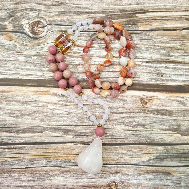 Agate Rhodonite Rose Quartz Pendant Bohemia Necklace