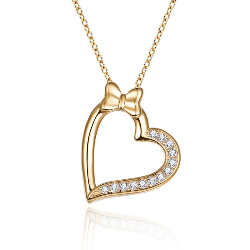 925 Silver Bow Heart Pendant Cross Chain Zircon Necklace