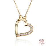 925 Silver Bow Heart Pendant Cross Chain Zircon Necklace