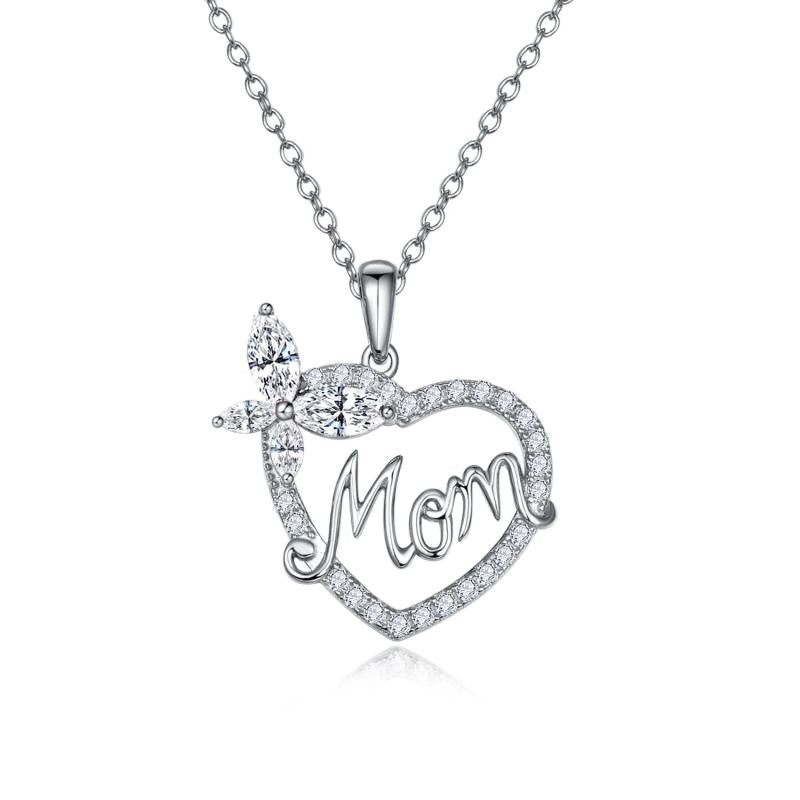 925 Silver Bowknot Mom Heart Zircon Pendant Necklace