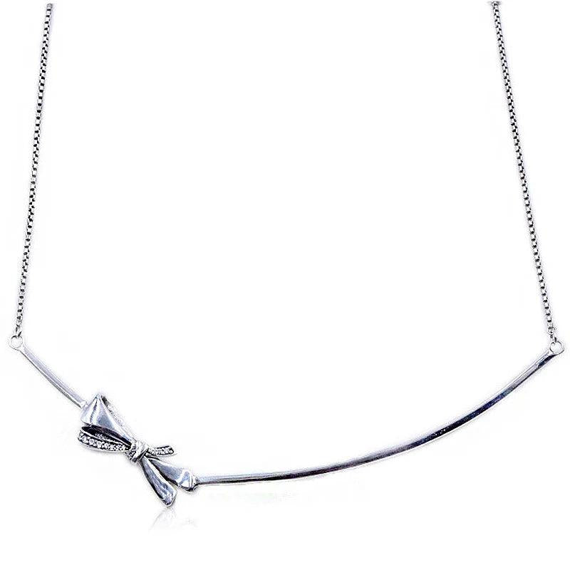 925 Silver Real Rose & Silver Brilliant Bow Pan Necklace