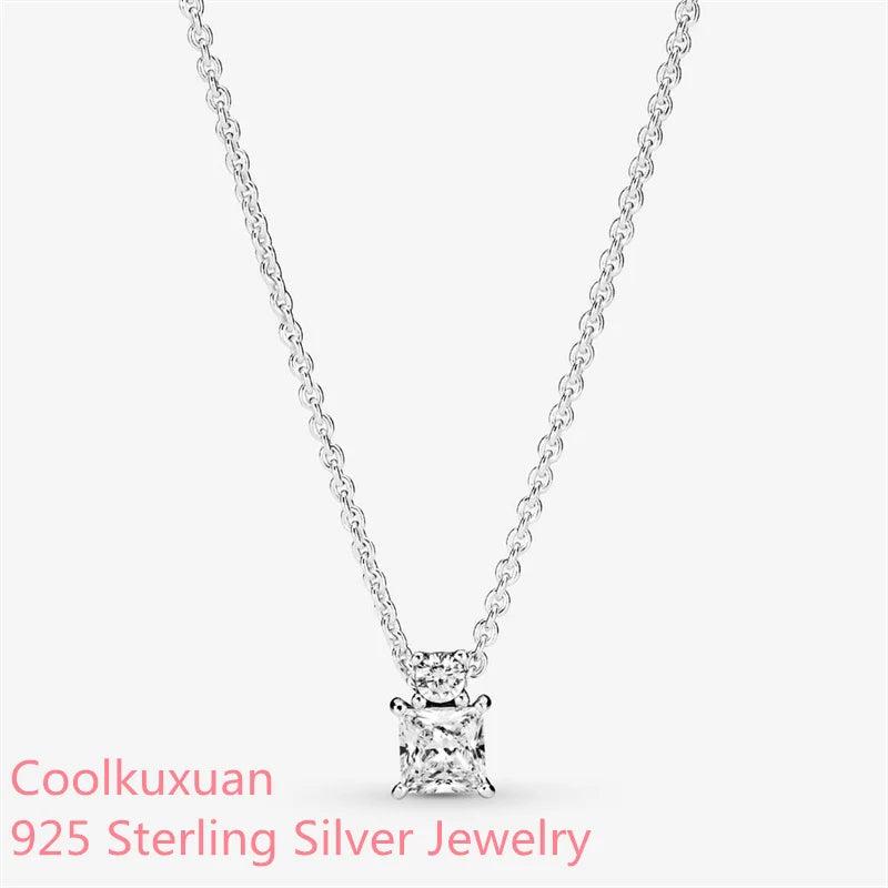 Winter Sparkling Collier Round & Square Pendant Necklace 925 Sterling Silver