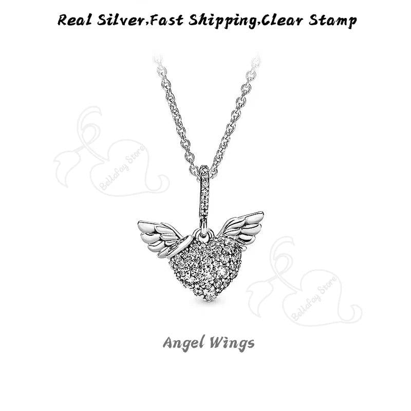 925 Silver Necklace Angel Wings CZ Charms Pdoras Beads