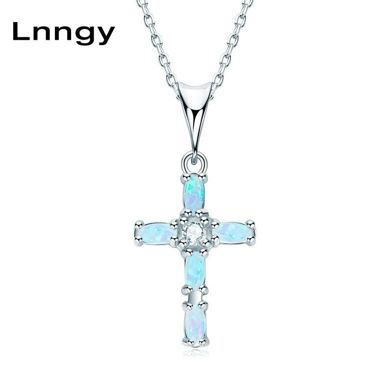 Opal Cross Pendant Necklace in Sterling Silver Marquise Cut Gemstone