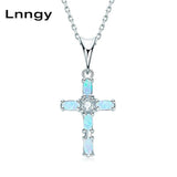 Opal Cross Pendant Necklace in Sterling Silver Marquise Cut Gemstone