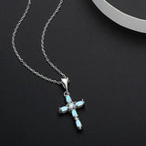 Opal Cross Pendant Necklace in Sterling Silver Marquise Cut Gemstone