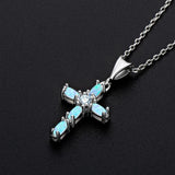 Opal Cross Pendant Necklace in Sterling Silver Marquise Cut Gemstone