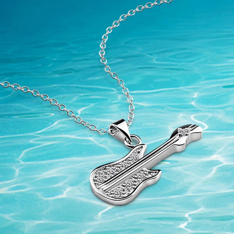 Sterling Silver Zircon Guitar Pendant Necklace for Women