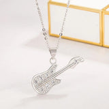 Sterling Silver Zircon Guitar Pendant Necklace for Women