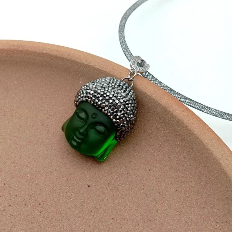 KKGEM Rhinestone Choker Necklace Green Quartz Carved Buddha Pendant Gift
