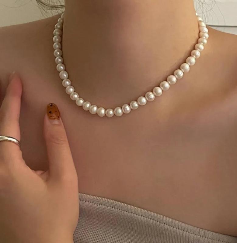 925 Silver Clasp Beaded Choker Pearl Necklace for Women