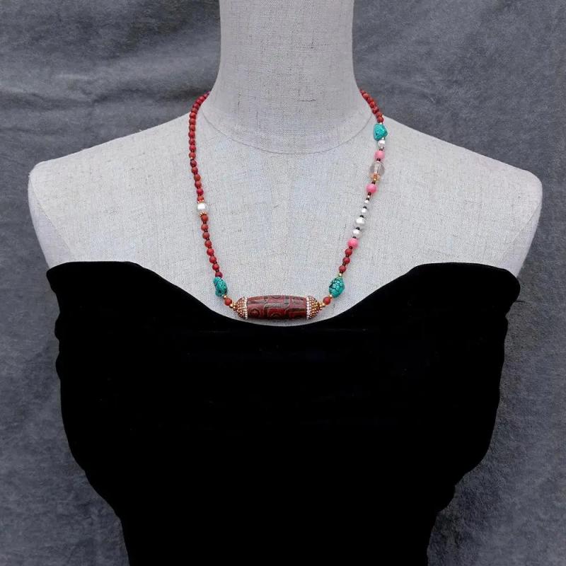 YYGEM 21'' Red Coral Pearl Turquoise Dzi Agate Necklace