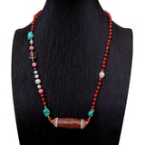 YYGEM 21'' Red Coral Pearl Turquoise Dzi Agate Necklace